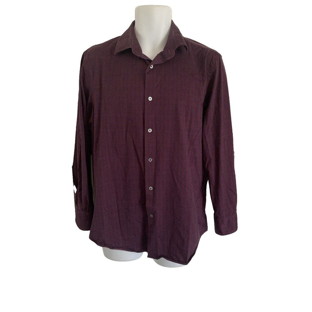 Bugatchi OoohCotton Tech 8 Way Stretch Button Up Shirt Medium Wine Geometric Men